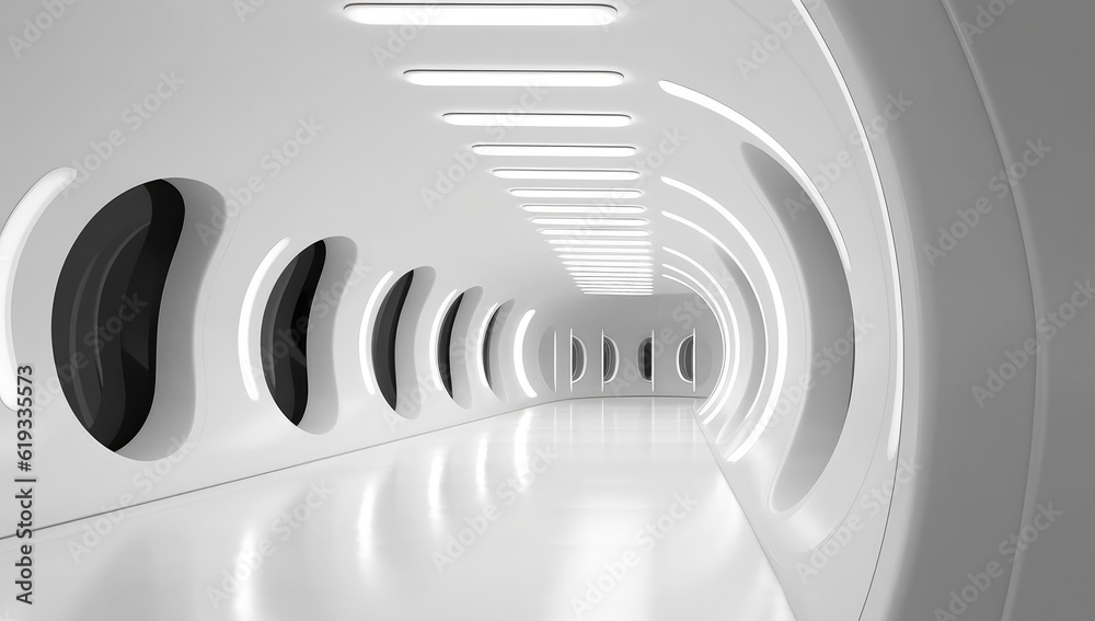Poster futuristic empty white tunnel with a light from the end extreme closeup. generative ai
