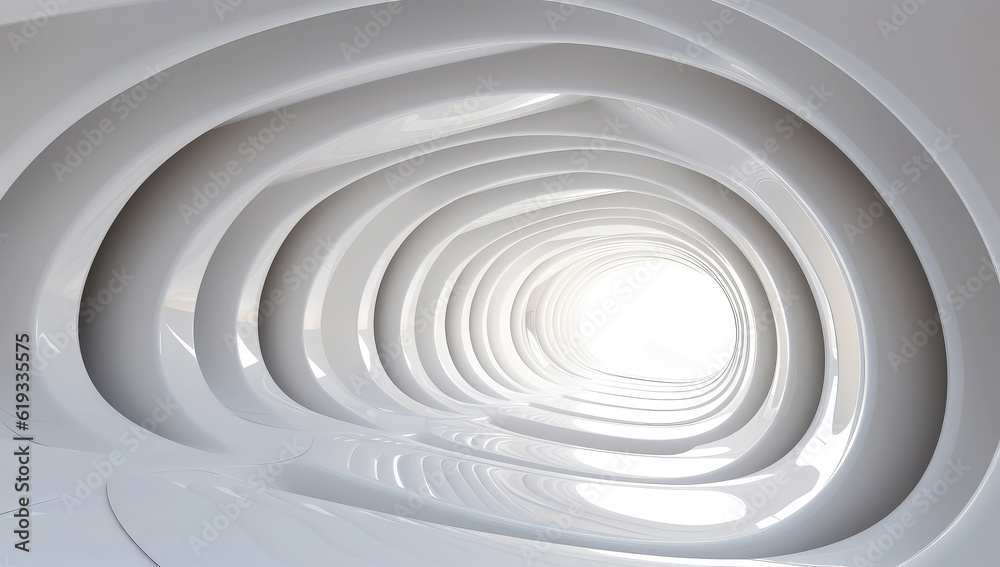 Poster Futuristic Empty White Tunnel with a Light from the End extreme closeup. Generative ai
