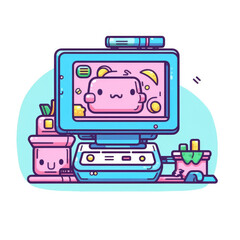 Old Computer or Game Machine Icon in Pop Art Kawaii Style on a white background. Generative AI