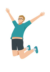 スポーツウエアを着た白人系男性がジャンプするフラットイラスト　ダイエット、喜び成功飛躍跳躍のイメージ