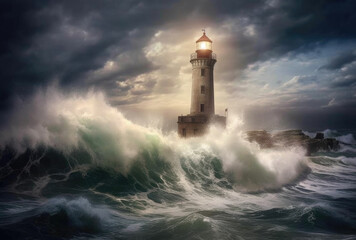 Obraz na płótnie Canvas Lighthouse in a Big Waves Stormy Sea or Ocean and Dark Clouds Sky. Generative AI