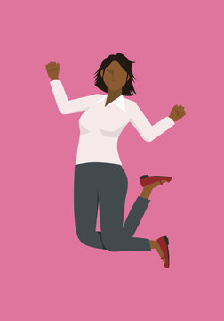 ビジネススーツを着た黒人女性のビジネスマンがジャンプするイラスト　成功飛躍跳躍のイメージ