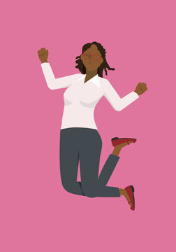 ビジネススーツを着た黒人女性のビジネスマンがジャンプするイラスト　成功飛躍跳躍のイメージ