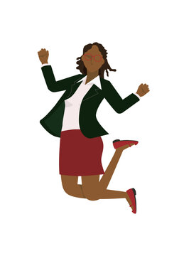スポーツウエアを着た黒人女性がジャンプするフラットイラスト　ダイエット、喜び成功飛躍跳躍のイメージ