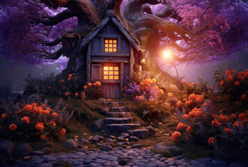 Beautiful Magic Fairy House in Fairy Forest extreme closeup. Generative AI