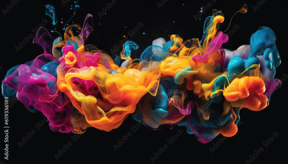 Poster abstract color paint splash drops in water on a black background. generative ai