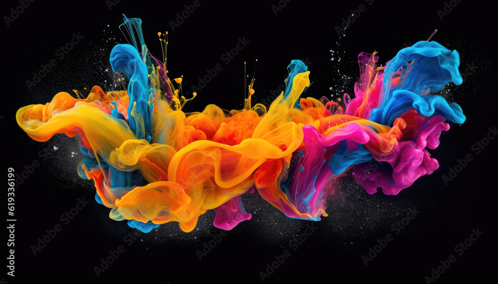 Poster abstract color paint splash drops in water on a black background. generative ai