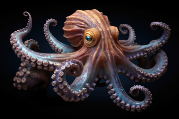 Obraz premium Octopus with Large Eyes Swimming Deep Ocean Water extreme closeup. Generative AI