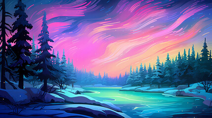Hand-drawn cartoon beautiful illustration of outdoor snowy landscape under the starry sky in winter
