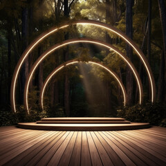 Empty Product Wooden Round Stage Podium in Green Forest Natural Environment extreme closeup. Generative AI.
