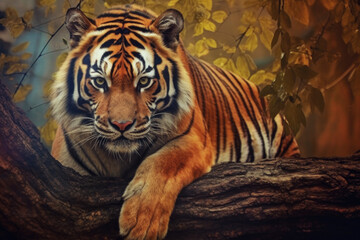 Fototapeta na wymiar Beautiful Tiger Rest on a Tree Branch extreme closeup. Generative AI