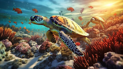 Obraz na płótnie Canvas A Huge Turtles Swim Among Colorful Coral Reefs and Schools of Fish in Crystal Clear Water. Generative AI