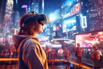 A Teenage Girl Explores the City of the Metaverse in Virtual Reality Glasses extreme closeup. Generative AI