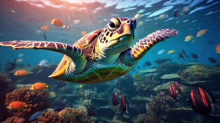 Fototapeta na wymiar A Huge Turtles Swim Among Colorful Coral Reefs and Schools of Fish in Crystal Clear Water. Generative AI