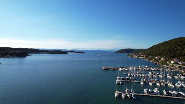 Supetarska Draga - Island Rab - Croatia - marina - The drone rises above the bay and opens up an amazing view of the Croatian islands