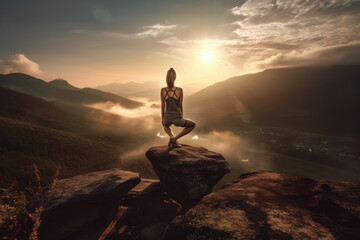 Athletic Woman Practicing Yoga on a Scenic Mountain Top at Sunrise extreme closeup. Generative AI