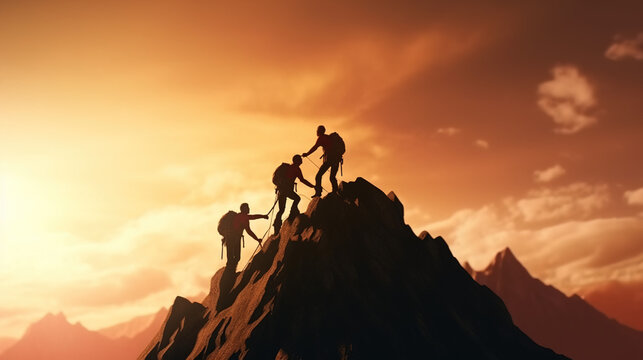 A Traveler, a Mountain Climber, a Person who Helps Others Overcome Obstacles and Reach the Top Together. People Reach out to Help Walk up the Mountain at Sunrise. Generative AI