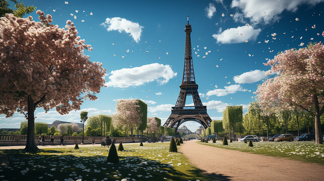 Champs de Mars and Eiffel Tower in summer, Paris, France 