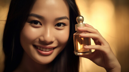 Fototapeta premium Asian Woman Holding Bottle with Serum for Skin Care Concept of Beauty and Skin Care Concept of female health and beauty. Generative AI