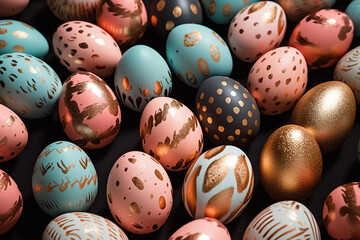 Obraz premium Perfect colorful handmade and beautiful Easter eggs background. Greetings and presents for Easter Day. Generative AI.