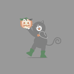 happy halloween holiday festival with cute black cat, pumpkin, and candy, flat vector illustration cartoon character design