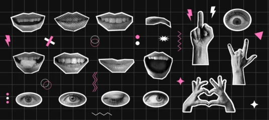 Deurstickers Set of lips, eyes and mouth. Isolated dark background. Collage elements for messages. Vintage illustration with dotted pop art © Katya