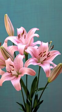 Pink lily flower copy space blurred background. AI Generated