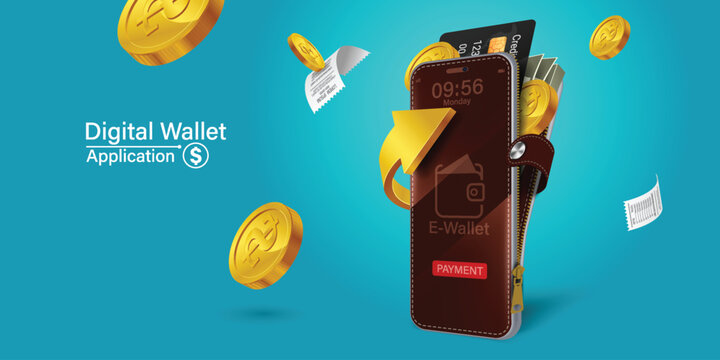 Money online on mobile phone, vector design. Capital flow, earning or making money. Financial savings.mobile wallet online on green background.Concept of spending money online through the internet.