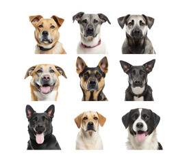 different breeds of dogs facing forward on white background