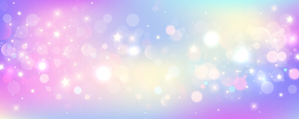 Rainbow unicorn background. Pastel fantasy sky with bokeh and stars. Magic holographic galaxy. Marble kawaii texture. Vector cosmic girlie wallpaper.