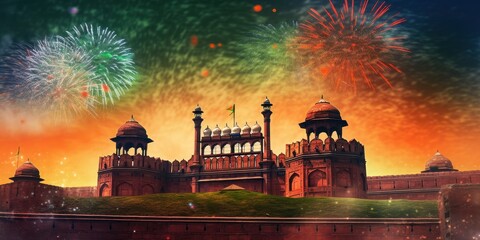 Red Fort at Night with Fireworks, India Tourism Attraction background, Independence Day. Generative Ai