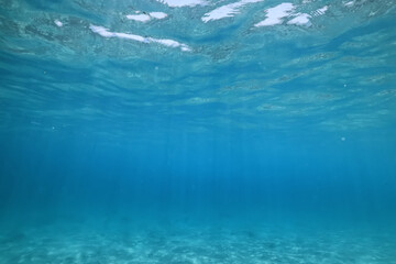 underwater photo blue background panorama ocean surface and bottom of the sea