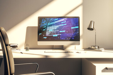Modern computer monitor with abstract programming language, research and development concept. 3D Rendering