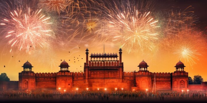 Red Fort at Night with Fireworks, India Tourism Attraction background, Independence Day. Generative Ai
