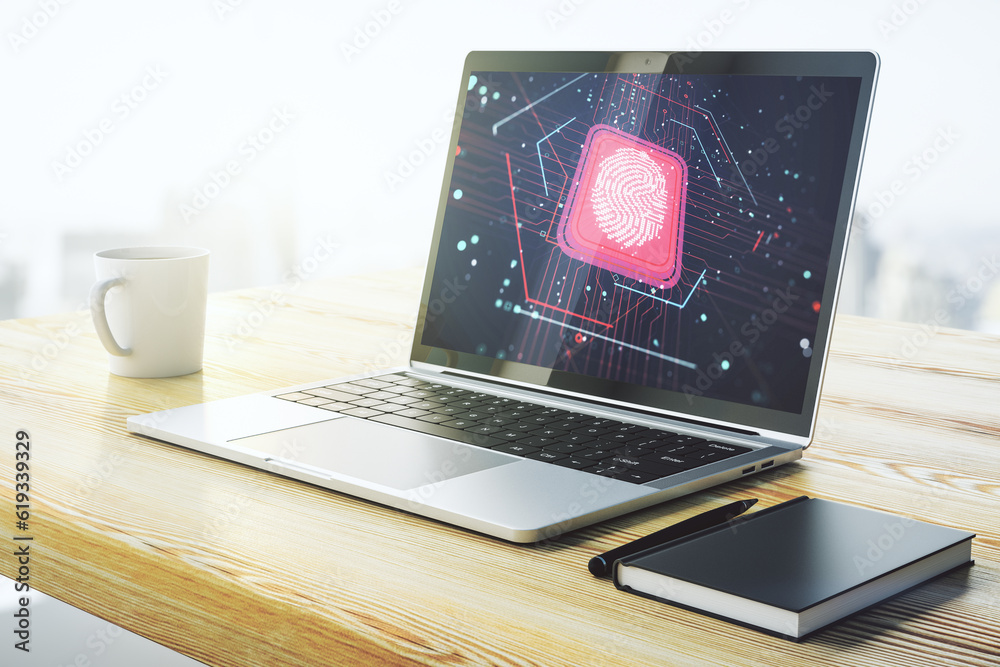 Poster Computer monitor with abstract fingerprint scan interface, digital access concept. 3D Rendering