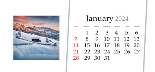 Set of horizontal flip calendars with amazing landscapes in minimal style. January 2024. Nice...