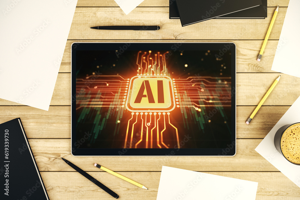 Fototapete creative artificial intelligence symbol concept on modern digital tablet screen. top view. 3d render