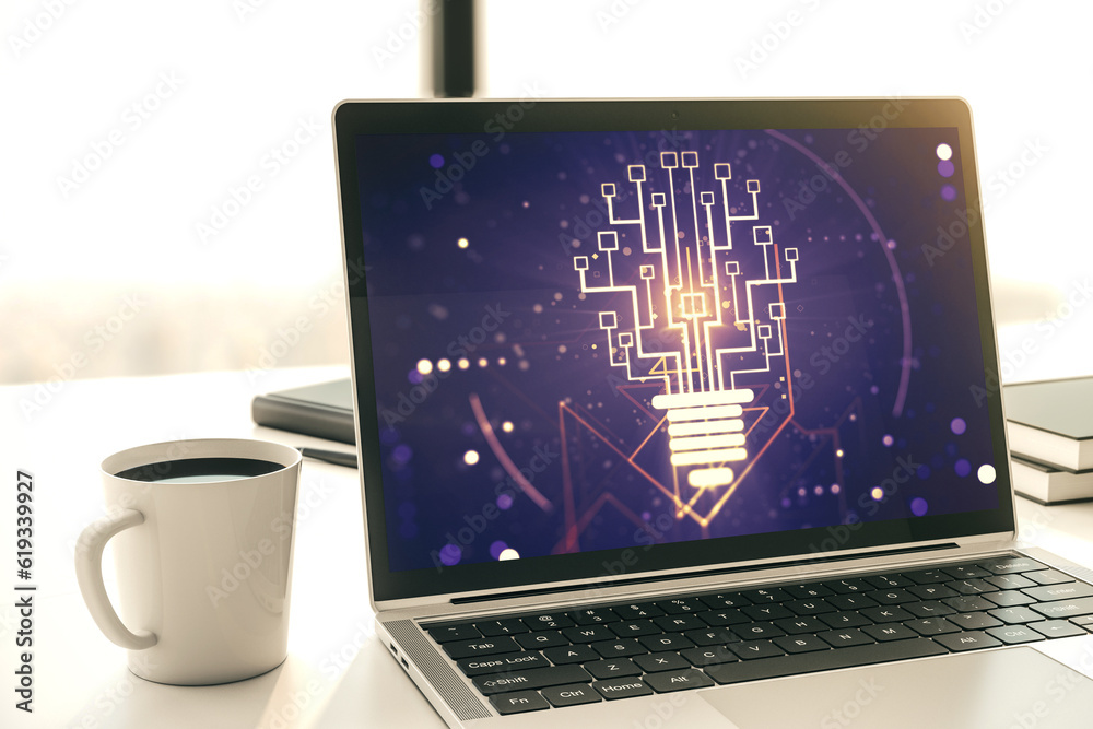 Fototapete creative light bulb illustration with microcircuit on modern computer monitor, future technology con