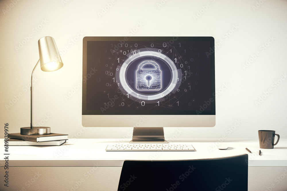 Poster Computer monitor with creative light lock illustration and microcircuit, cyber security concept. 3D Rendering