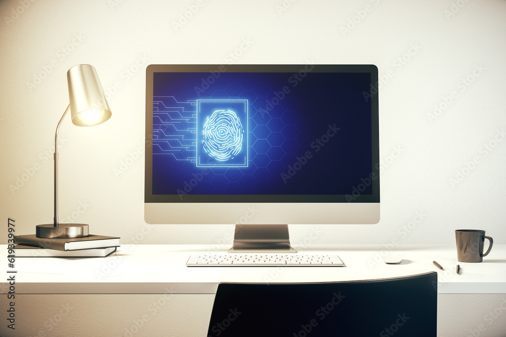Poster Modern computer display with abstract graphic fingerprint sketch, fingerprint scan data concept. 3D Rendering