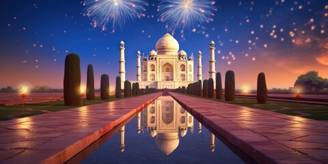 Taj Mahal at Night with Fireworks Background, India Tourism Attraction, Independence Day. Generative Ai