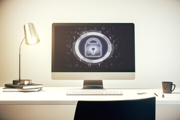 Computer monitor with creative light lock illustration and microcircuit, cyber security concept. 3D Rendering