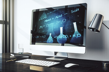 Modern computer monitor with creative chemistry concept, research and development concept. 3D...