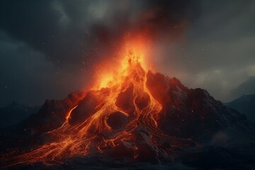The volcano erupts lava. 