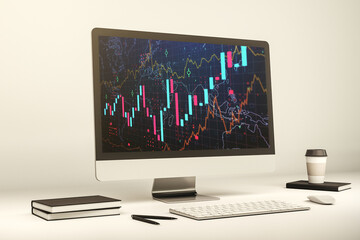 Modern computer display with abstract financial graph, financial and trading concept. 3D Rendering