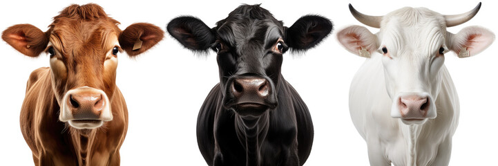 Collection of three cow portraits in different colours (black, brown, white) isolated on white background as transparent PNG, animal bundle - Powered by Adobe