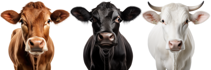 Collection of three cow portraits in different colours (black, brown, white) isolated on white background as transparent PNG, animal bundle
