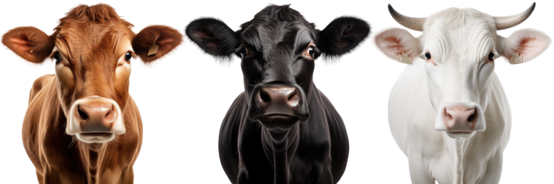 Collection of three cow portraits in different colours (black, brown, white) isolated on white background as transparent PNG, animal bundle