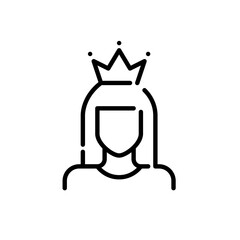 Woman with long hair with crown on her head. Premium user, luxury service. Pixel perfect, editable stroke icon