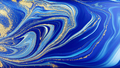 Abstract Acrylic Marble Background with Nature-Inspired Blue Marbling and Golden Glitter - Generative Ai